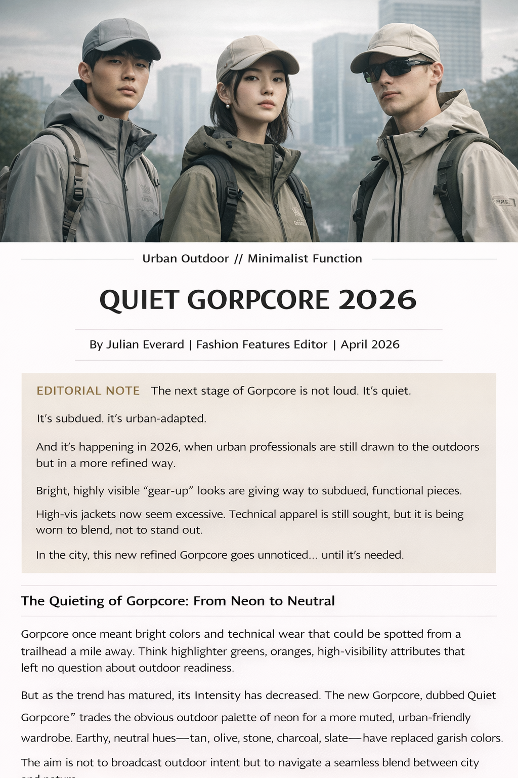 Quiet Gorpcore 2026: The Earth-Toned Urban Outdoor Trend Redefining Everyday Function