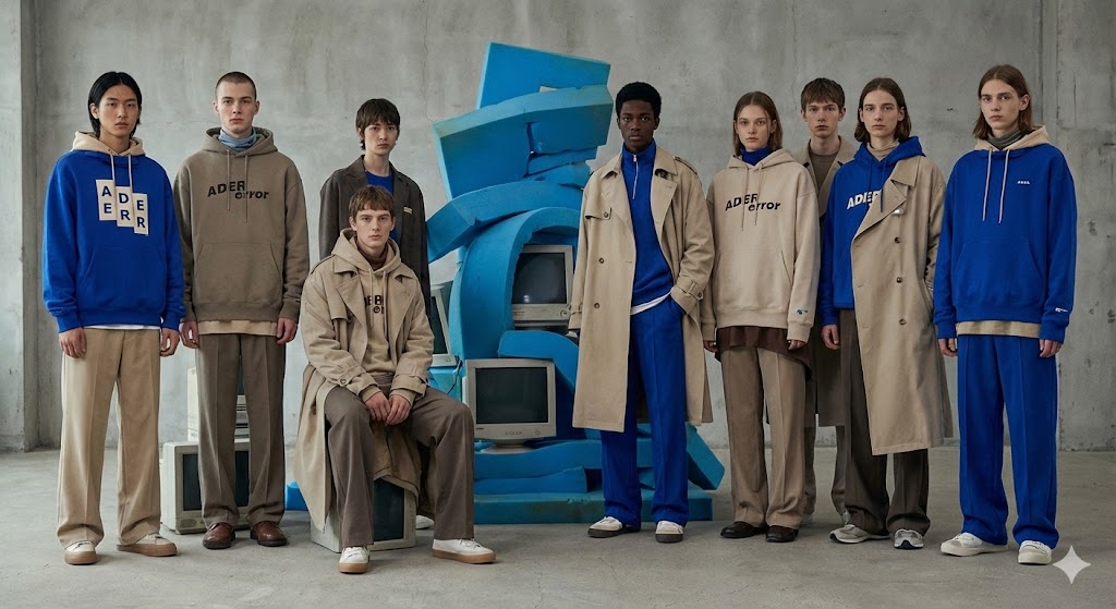 ADER error Blue Storm 2026 editorial banner featuring electric blue deconstructed design elements with luxury lab aesthetic