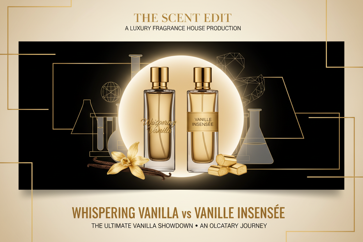 Scent Lab 33 Whispering Vanilla vs Vanille Insensée – Luxury Vanilla Perfume Editorial