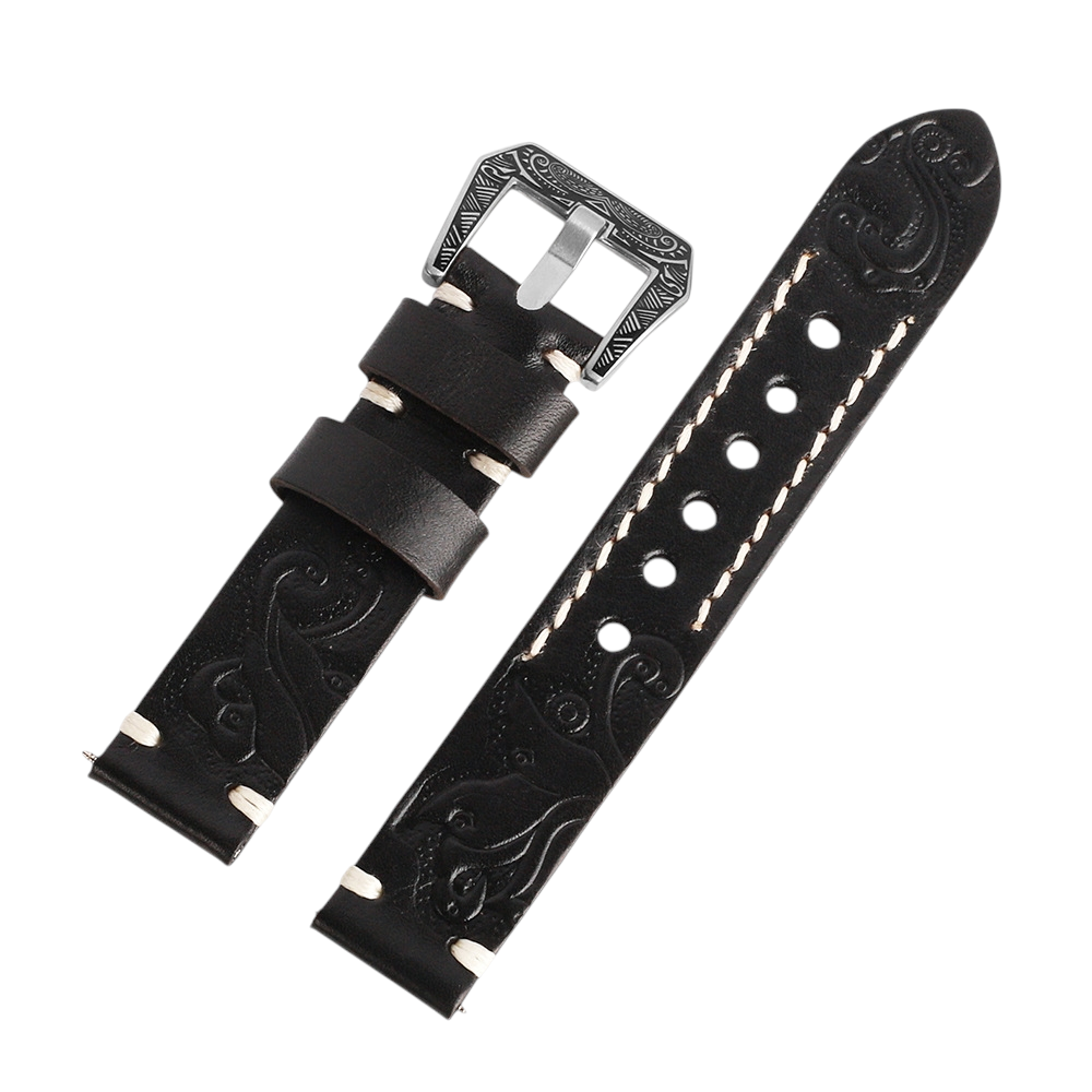 White Smoke Handmade Hand-Engraved Floral Bovine Strap for Rolex, Omega, Seiko, IWC, Tudor, Hamilton, Cartier, Panerai, Breitling, Patek Philippe - Artisan Sculpture Series - 18mm 20mm 22mm 24mm - Aethelgard