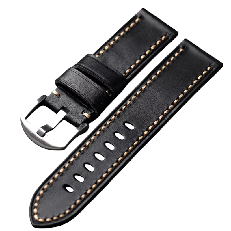 White Smoke Handmade Italian Triple-Edge Straight Black Watch Strap for Rolex, Omega, Panerai, IWC, Tudor, Seiko, Hamilton, Patek Philippe, Breitling, Citizen - Executive Heavyweight Series - 18mm 20mm 22mm 24mm - Aethelgard
