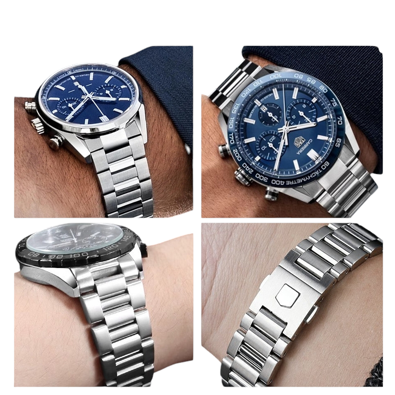 White Smoke Replacement Strap for TAG Heuer Carrera - Monaco Heritage WAR201D - Solid Fine-Brushed Stainless Steel - Aethelgard Atelier
