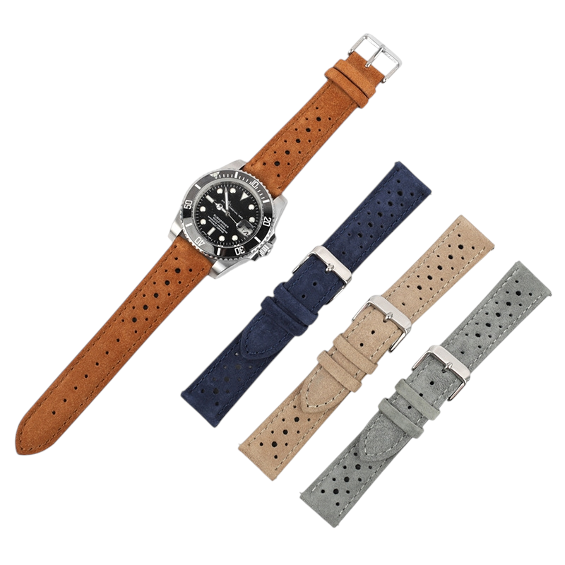 White Smoke Handmade Perforated GT Racing Suede Strap for Rolex, Omega, Seiko, IWC, Tudor, Hamilton, Cartier, Panerai, Breitling, Patek Philippe - Breathable High-Speed Sport Series - 18mm 20mm 22mm 24mm - Aethelgard