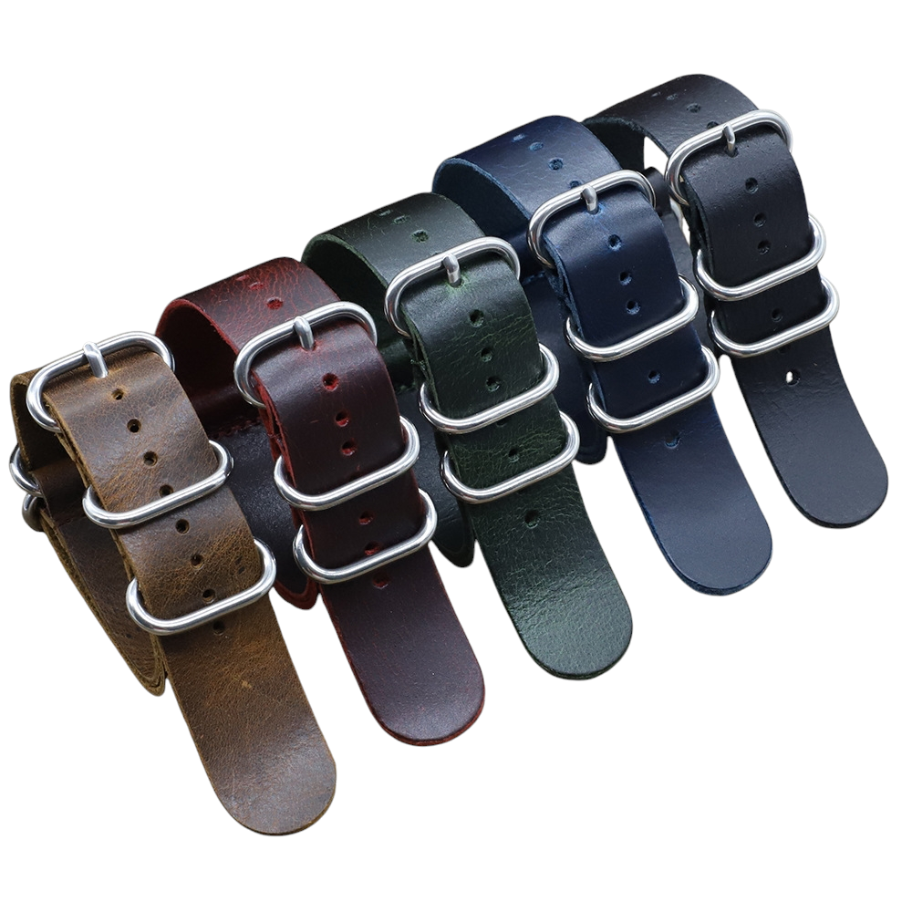 White Smoke Handmade Crazy Horse Leather 5-Ring Strap for Rolex, Omega, Seiko, IWC, Tudor, Hamilton, Cartier, Panerai, Breitling, Patek Philippe - Heavy-Duty Military NATO Edition - 18mm 20mm 22mm 24mm - Aethelgard