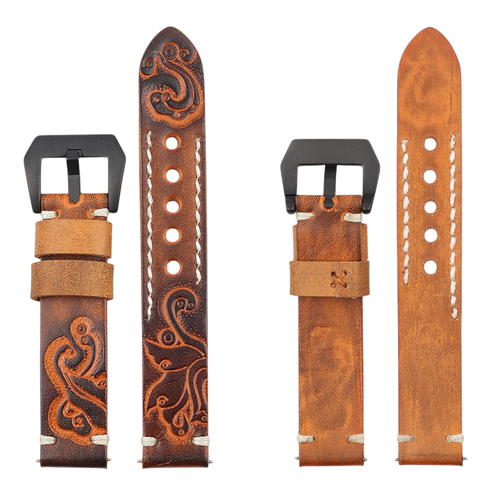 White Smoke Handmade Hand-Engraved Floral Bovine Strap for Rolex, Omega, Seiko, IWC, Tudor, Hamilton, Cartier, Panerai, Breitling, Patek Philippe - Artisan Sculpture Series - 18mm 20mm 22mm 24mm - Aethelgard