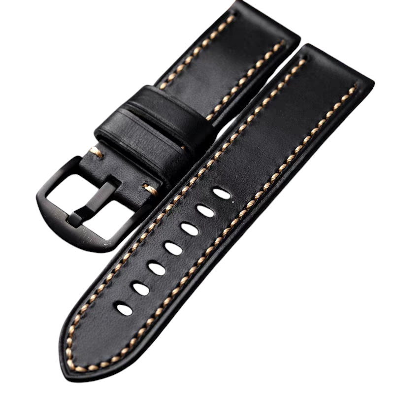 White Smoke Handmade Italian Triple-Edge Straight Black Watch Strap for Rolex, Omega, Panerai, IWC, Tudor, Seiko, Hamilton, Patek Philippe, Breitling, Citizen - Executive Heavyweight Series - 18mm 20mm 22mm 24mm - Aethelgard
