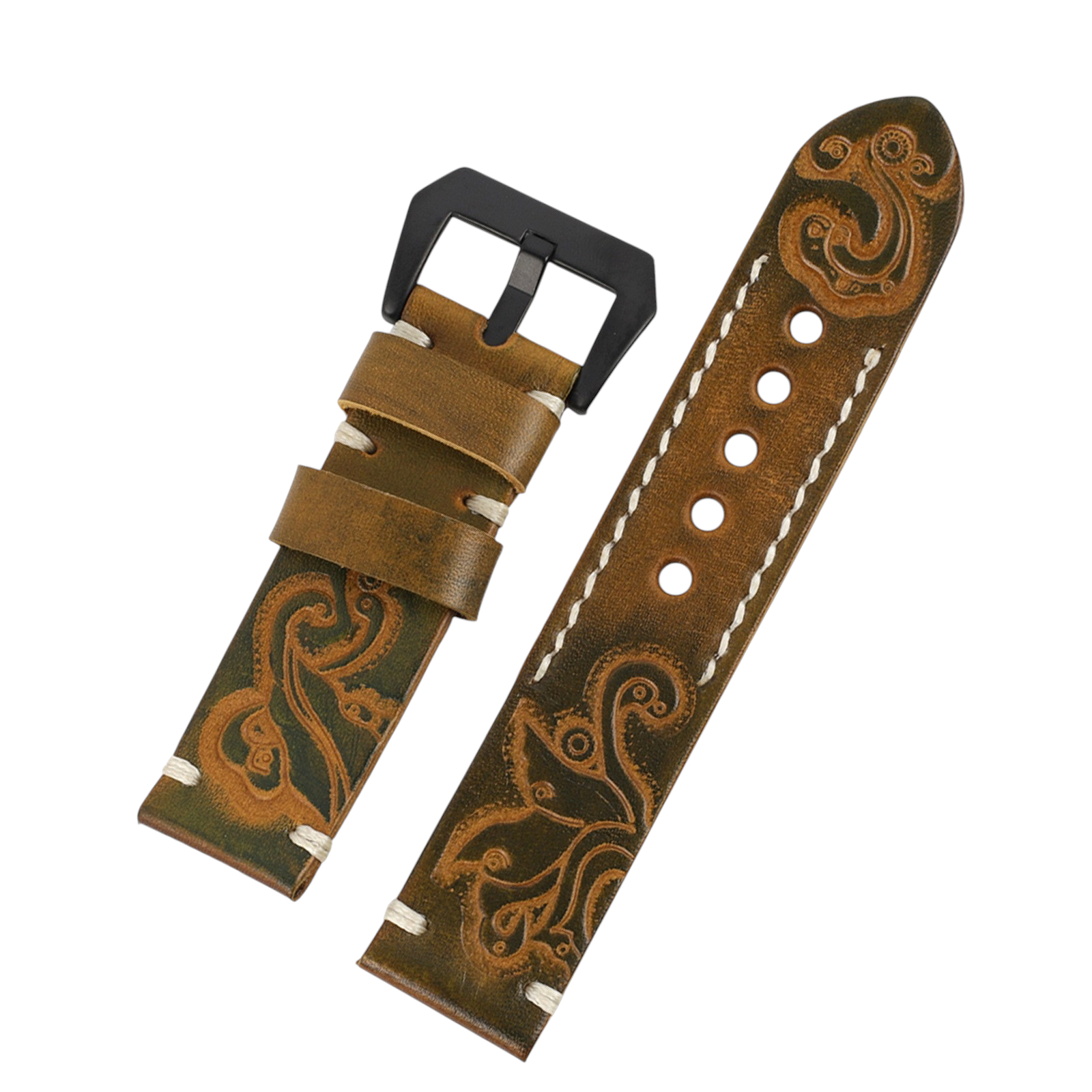 White Smoke Handmade Hand-Engraved Floral Bovine Strap for Rolex, Omega, Seiko, IWC, Tudor, Hamilton, Cartier, Panerai, Breitling, Patek Philippe - Artisan Sculpture Series - 18mm 20mm 22mm 24mm - Aethelgard