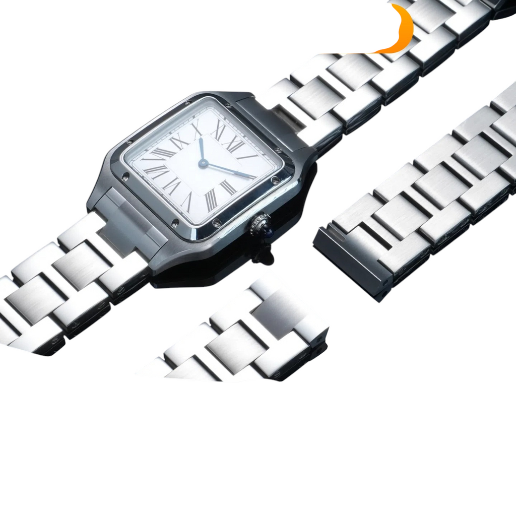White Smoke Replacement Strap for Cartier Santos Dumont WSSA0086 - Solid Quick-Release Stainless Steel - Aethelgard Atelier