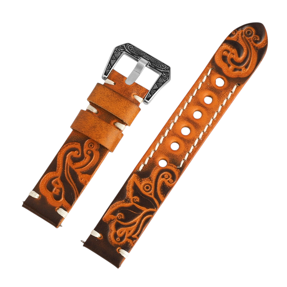 White Smoke Handmade Hand-Engraved Floral Bovine Strap for Rolex, Omega, Seiko, IWC, Tudor, Hamilton, Cartier, Panerai, Breitling, Patek Philippe - Artisan Sculpture Series - 18mm 20mm 22mm 24mm - Aethelgard