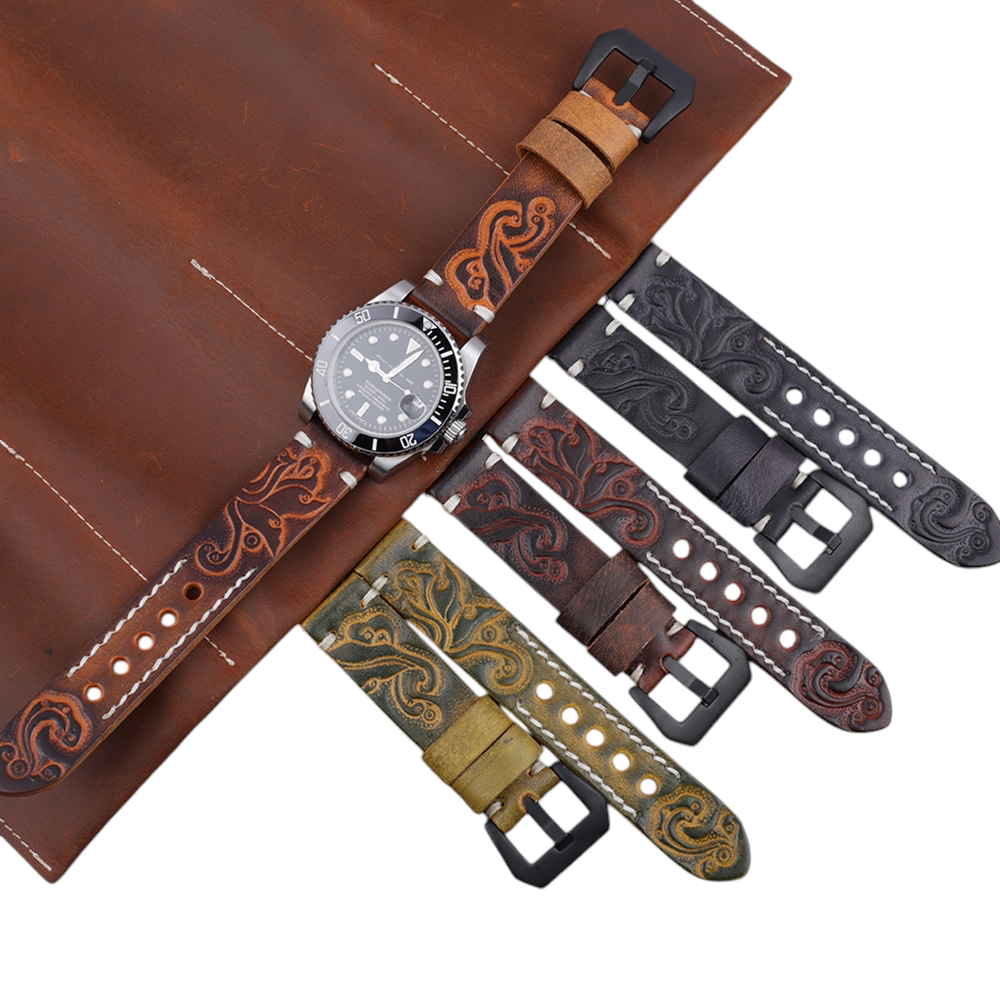 White Smoke Handmade Hand-Engraved Floral Bovine Strap for Rolex, Omega, Seiko, IWC, Tudor, Hamilton, Cartier, Panerai, Breitling, Patek Philippe - Artisan Sculpture Series - 18mm 20mm 22mm 24mm - Aethelgard