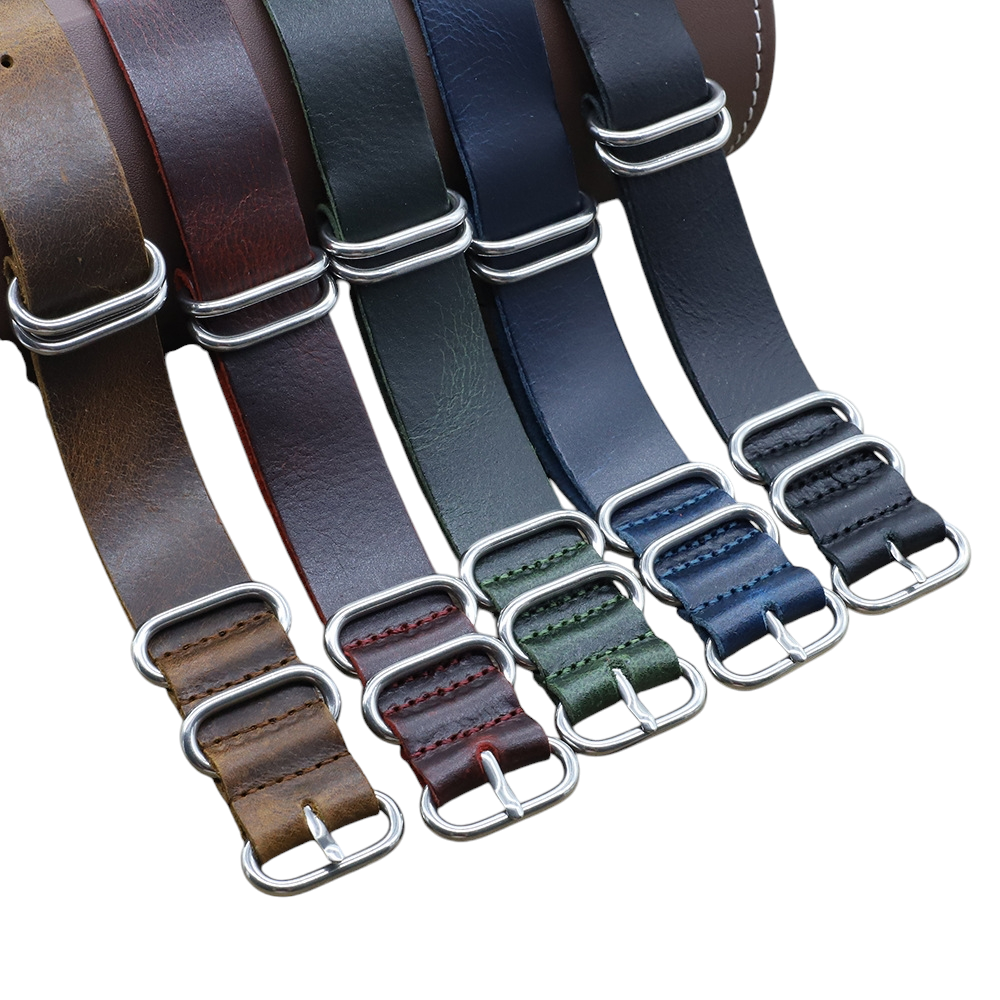 White Smoke Handmade Crazy Horse Leather 5-Ring Strap for Rolex, Omega, Seiko, IWC, Tudor, Hamilton, Cartier, Panerai, Breitling, Patek Philippe - Heavy-Duty Military NATO Edition - 18mm 20mm 22mm 24mm - Aethelgard