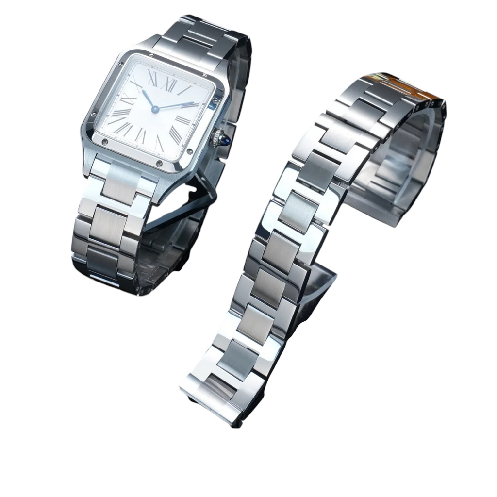 White Smoke Replacement Strap for Cartier Santos Dumont WSSA0086 - Solid Quick-Release Stainless Steel - Aethelgard Atelier