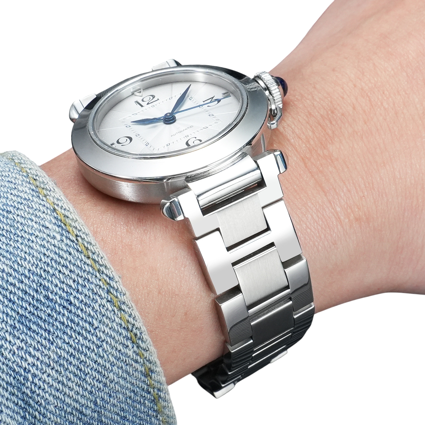 White Smoke Replacement Strap for Cartier Pasha de Cartier Series Quick-Release - Notched Interface Solid Stainless Steel - Aethelgard Atelier