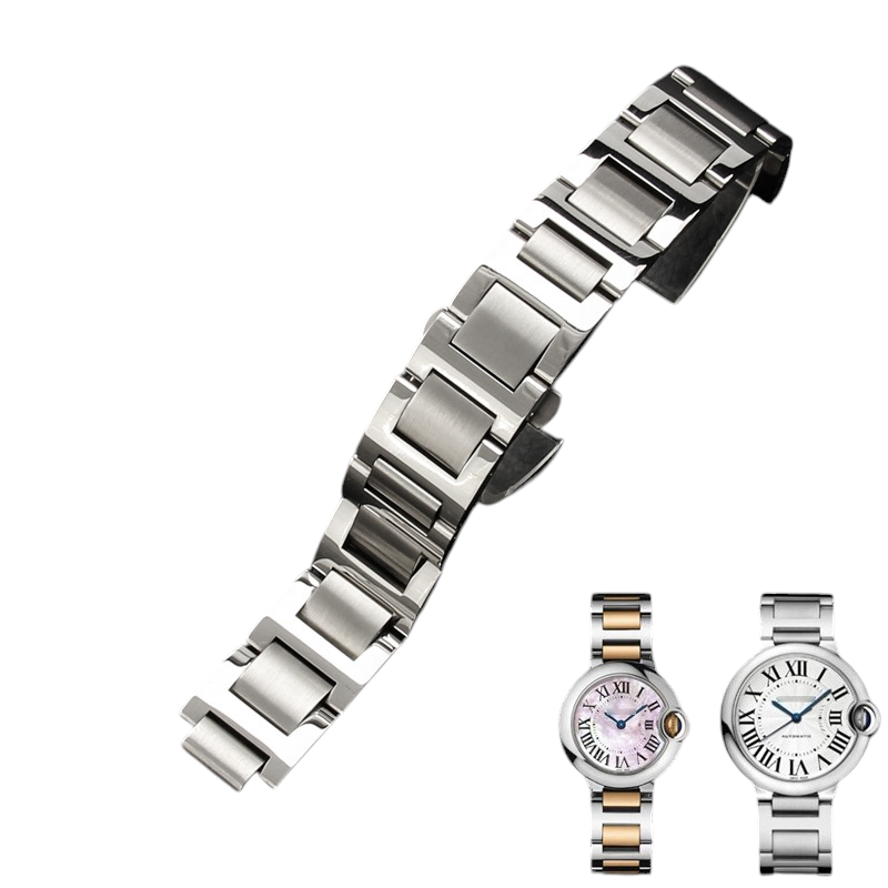 White Smoke Replacement Strap for Cartier Ballon Bleu Series - Steel Edition - Solid Notched Surgical Grade Stainless Steel - Aethelgard Atelier