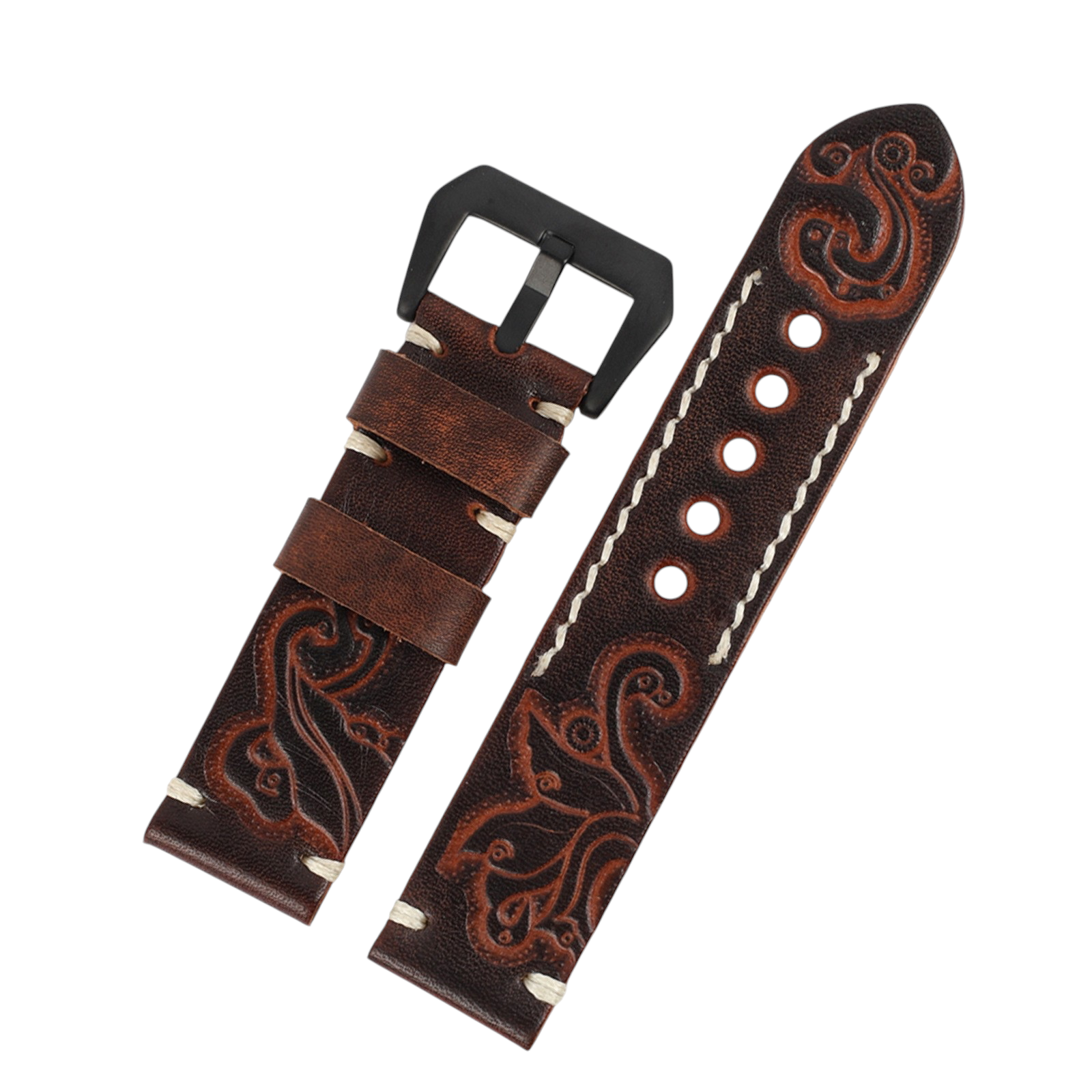 White Smoke Handmade Hand-Engraved Floral Bovine Strap for Rolex, Omega, Seiko, IWC, Tudor, Hamilton, Cartier, Panerai, Breitling, Patek Philippe - Artisan Sculpture Series - 18mm 20mm 22mm 24mm - Aethelgard