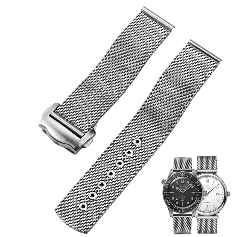 White Smoke Replacement Strap for Omega Seamaster 300 - NTTD - De Ville Milanese - 316L Stainless Steel Mesh Link - Aethelgard Atelier