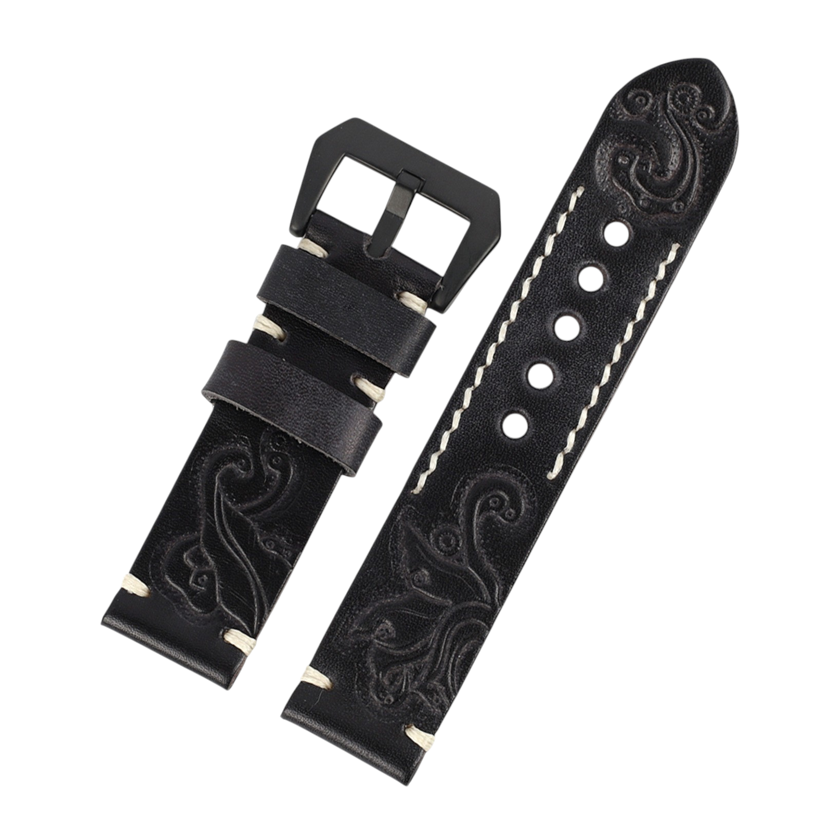 White Smoke Handmade Hand-Engraved Floral Bovine Strap for Rolex, Omega, Seiko, IWC, Tudor, Hamilton, Cartier, Panerai, Breitling, Patek Philippe - Artisan Sculpture Series - 18mm 20mm 22mm 24mm - Aethelgard