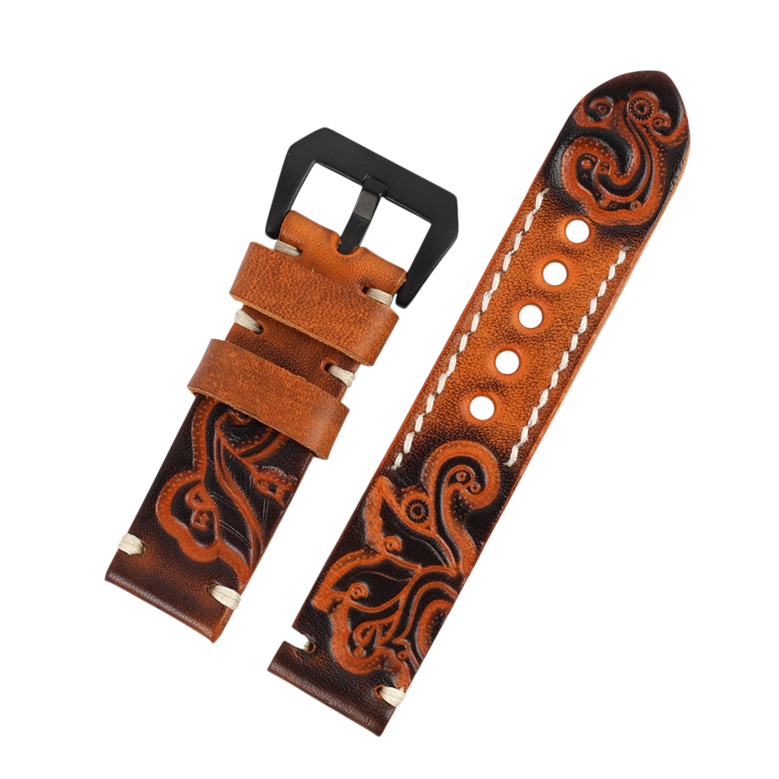 White Smoke Handmade Hand-Engraved Floral Bovine Strap for Rolex, Omega, Seiko, IWC, Tudor, Hamilton, Cartier, Panerai, Breitling, Patek Philippe - Artisan Sculpture Series - 18mm 20mm 22mm 24mm - Aethelgard