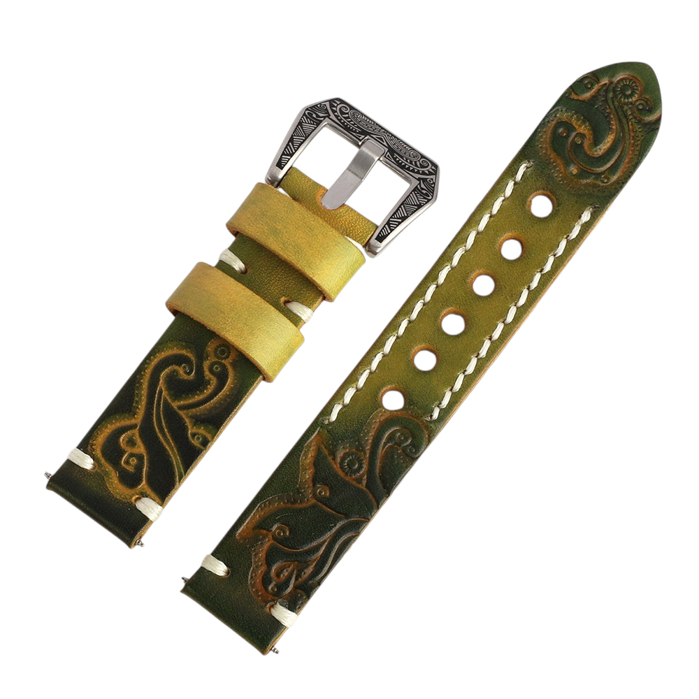 White Smoke Handmade Hand-Engraved Floral Bovine Strap for Rolex, Omega, Seiko, IWC, Tudor, Hamilton, Cartier, Panerai, Breitling, Patek Philippe - Artisan Sculpture Series - 18mm 20mm 22mm 24mm - Aethelgard